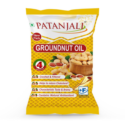 Patanjali Groundnut Oil 1L Pouch, Kacchi Ghani, Virgin, Unrefined, Cold pressed, Edible Oil for Cooking, Baking & Frying for Rich Flavour & Nutrition